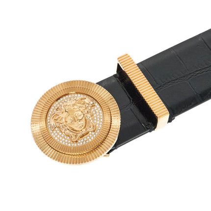 Versace black embossed crocodile calfskin belt with rhinestones 40mm