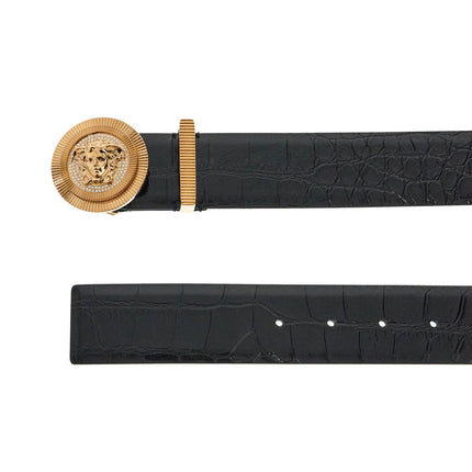 Versace black embossed crocodile calfskin belt with rhinestones 40mm