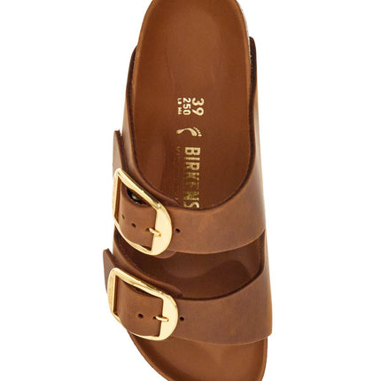 Birkenstock oiled leather cognac slippers with large golden buckles