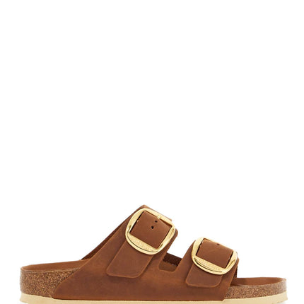 Birkenstock oiled leather cognac slippers with large golden buckles