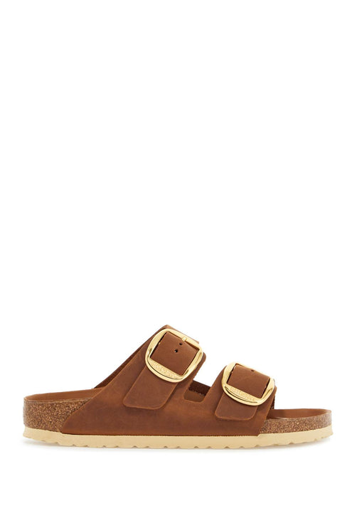 Birkenstock oiled leather cognac slippers with large golden buckles