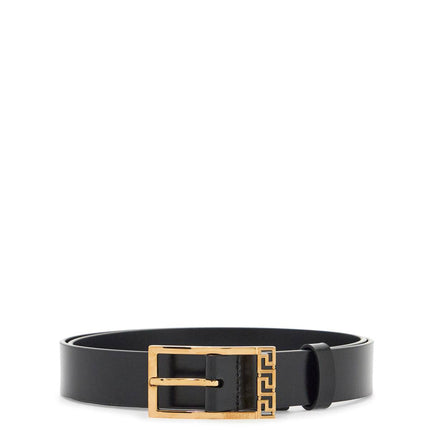 Versace black brushed calfskin belt 30 mm with geometric buckle