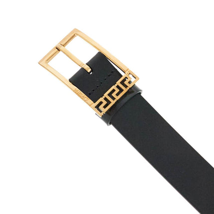 Versace black brushed calfskin belt 30 mm with geometric buckle