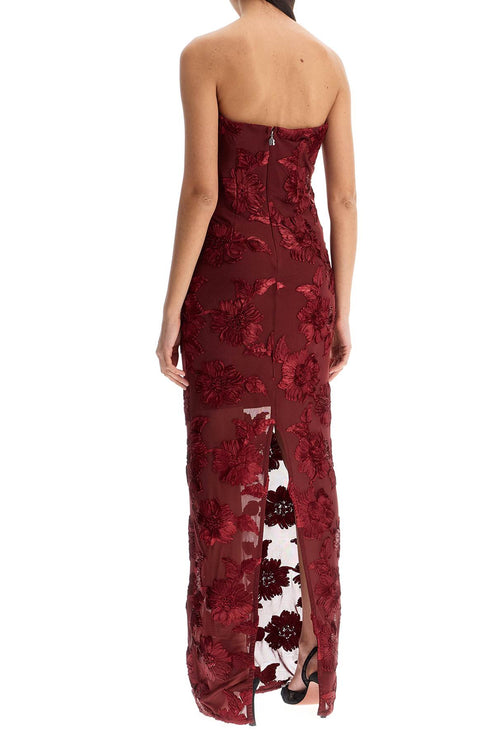 Rotate long mesh dress with embroidered flowers.