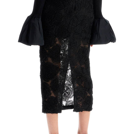 Rotate black recycled polyester floral mesh pencil skirt