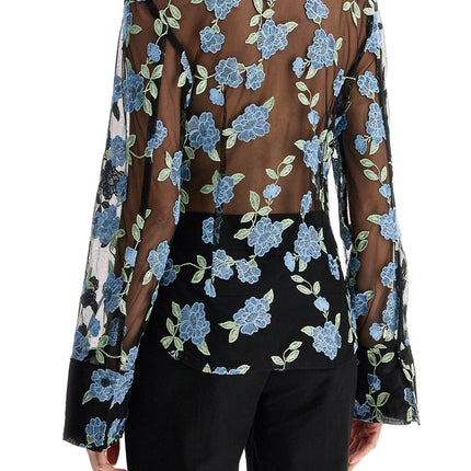 Rotate black mesh shirt with floral embroidery