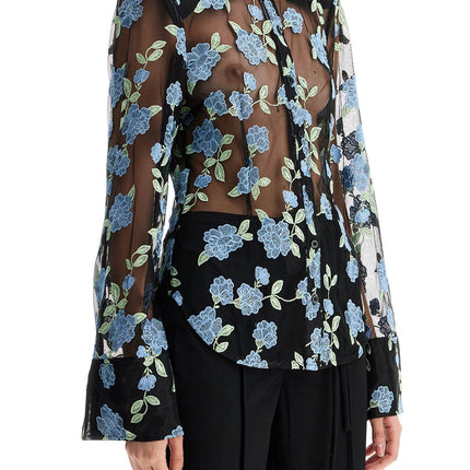 Rotate black mesh shirt with floral embroidery