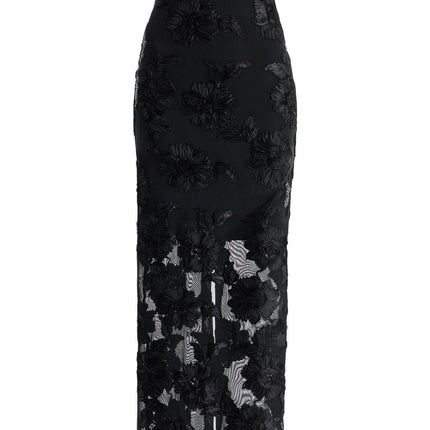 Rotate long mesh dress with embroidered flowers.