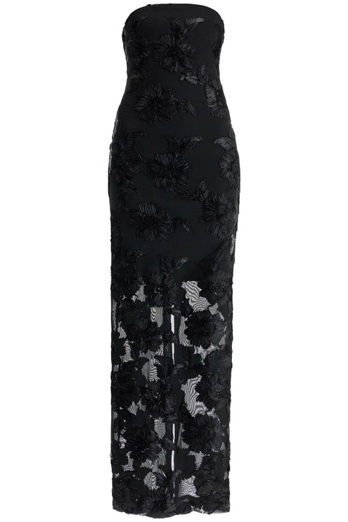 Rotate long mesh dress with embroidered flowers.