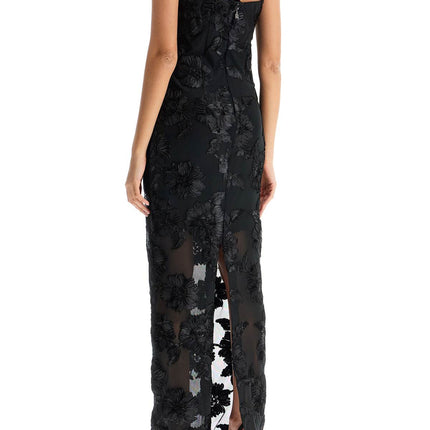 Rotate long mesh dress with embroidered flowers.