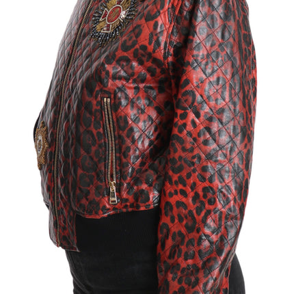 Chaqueta de cuero de leopardo rojo con botones de cristal