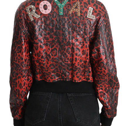 Chaqueta de cuero de leopardo rojo con botones de cristal