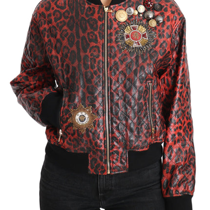 Chaqueta de cuero de leopardo rojo con botones de cristal