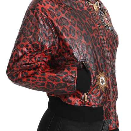 Chaqueta de cuero de leopardo rojo con botones de cristal