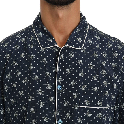 Silken Elegance: Blue Skull Print Lounge Shirt