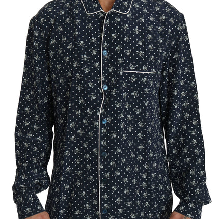 Silken Elegance: Blue Skull Print Lounge Shirt