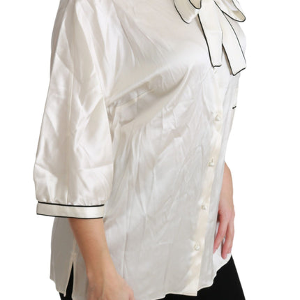 Elegante beige zijden blouse met boog sjaal