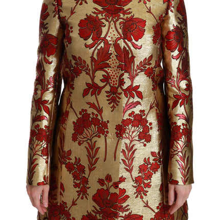 Elegant Gold Floral Brocade Trench Coat