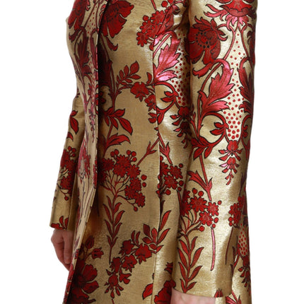 Elegant Gold Floral Brocade Trench Coat