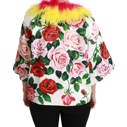 Elegante chaqueta de capa floral con detalles de piel