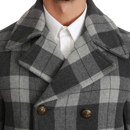 Elegant Gray Check Double Breasted Coat