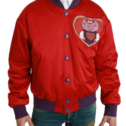 Veste de bombardier rouge vibrant avec motif multicolore