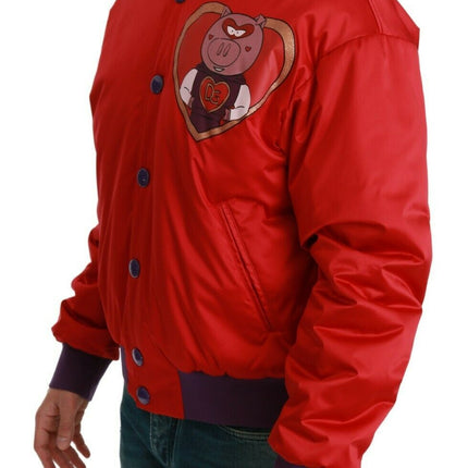 Veste de bombardier rouge vibrant avec motif multicolore