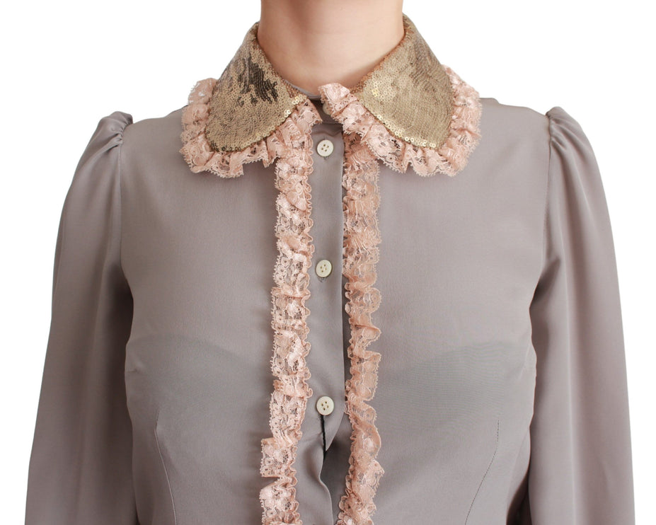 Elegante camicia da colletto con paillettes di miscela di seta