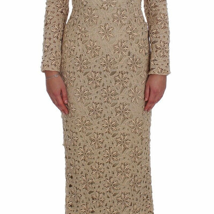 Abito maxi a maniche lunghe in pizzo floreale beige