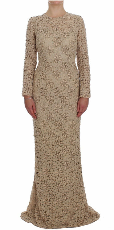 Abito maxi a maniche lunghe in pizzo floreale beige