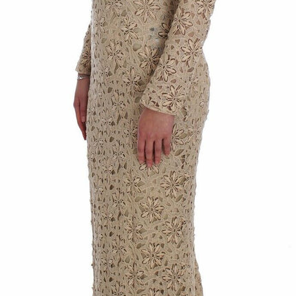 Abito maxi a maniche lunghe in pizzo floreale beige