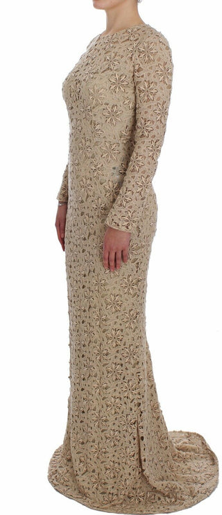 Abito maxi a maniche lunghe in pizzo floreale beige