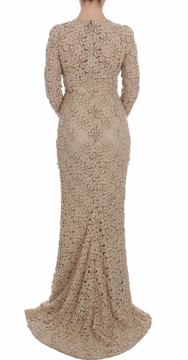 Abito maxi a maniche lunghe in pizzo floreale beige