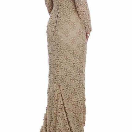 Abito maxi a maniche lunghe in pizzo floreale beige