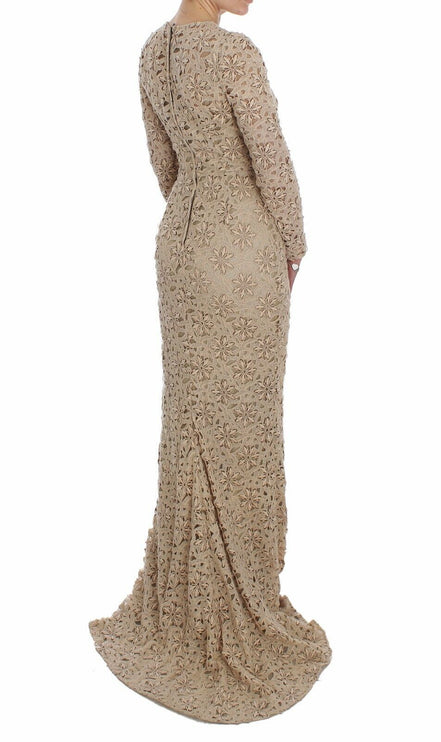 Abito maxi a maniche lunghe in pizzo floreale beige