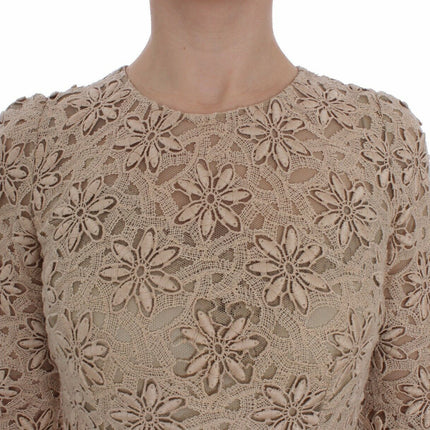 Abito maxi a maniche lunghe in pizzo floreale beige