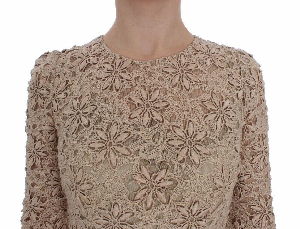 Abito maxi a maniche lunghe in pizzo floreale beige