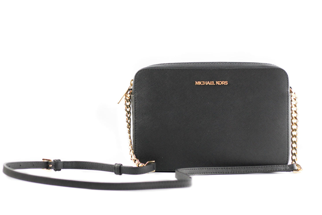 Bolso cruzado grande de piel saffiano Jet Set East West (negro sólido/herrajes dorados)