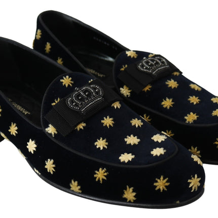 Elegant Velvet Crown Embroidery Loafers