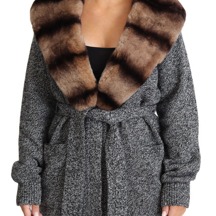 Elegant Cashmere Cardigan with Rabbit Fur Collar