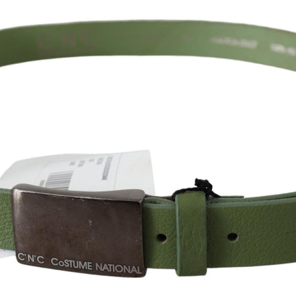 Chic Green Leather Waist Belt with Silver Buckle