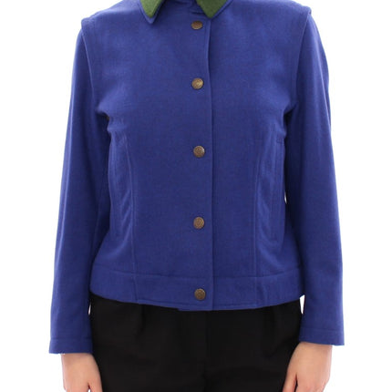 Elegante chaqueta de lana azul con collar extraíble