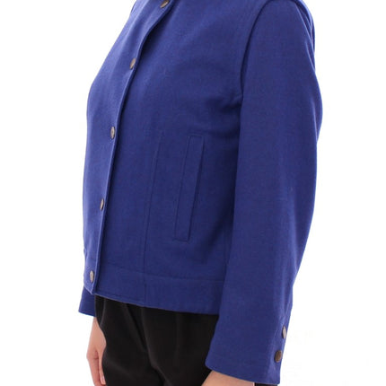 Elegante chaqueta de lana azul con collar extraíble