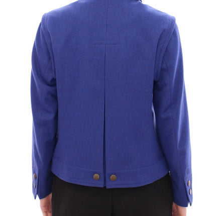 Elegante chaqueta de lana azul con collar extraíble