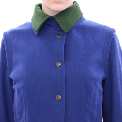 Elegante chaqueta de lana azul con collar extraíble