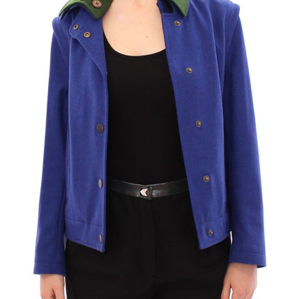 Elegante chaqueta de lana azul con collar extraíble