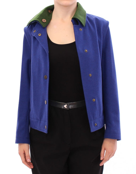 Elegante chaqueta de lana azul con collar extraíble