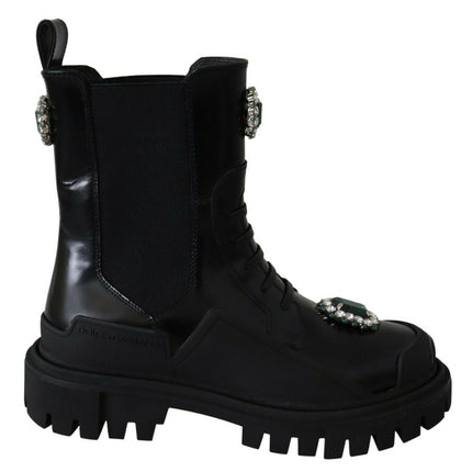 Bottes de combat en cuir noir élégant avec des détails cristallins