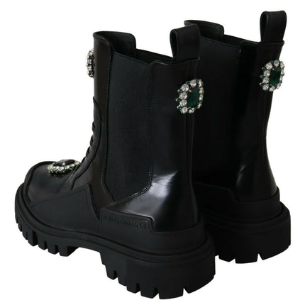 Bottes de combat en cuir noir élégant avec des détails cristallins