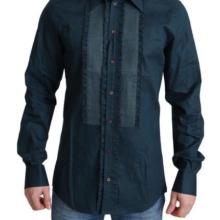 Elegant blauw gegolfd smoker shirt